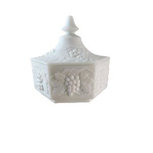 Imperial Milk Glass Hexagon Lidded Grapevine Candy Dish